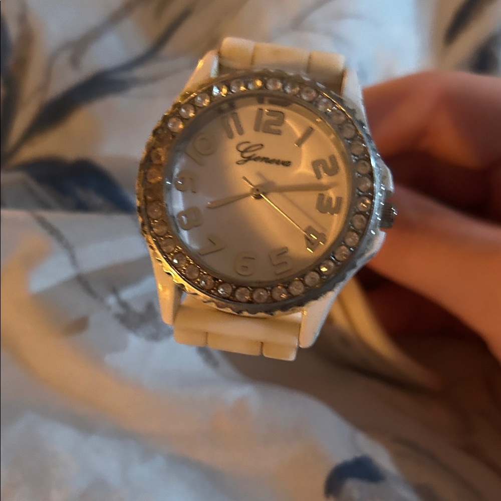 Geneva Cream and Silver Crystal Watch